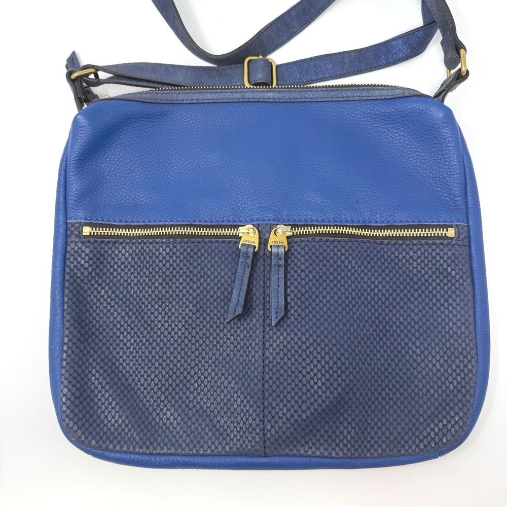 Fossil Womens Leather Crossbody Bag Blue Pebbled Snakeskin Embossed Messenger